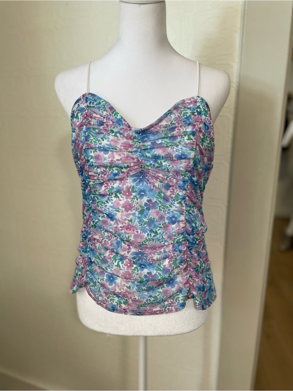 No Boundaries Floral Ruched Spaghetti Strap Cami - Blue & Purple